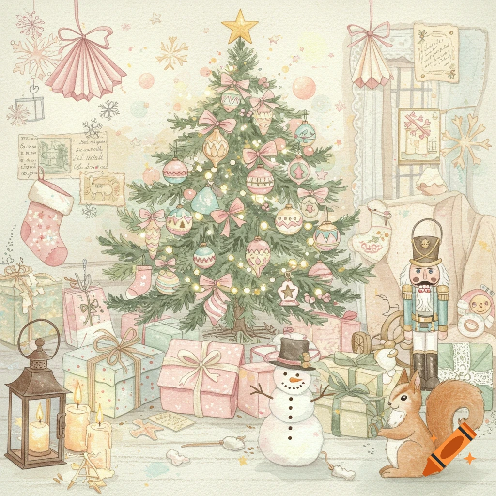 A watercolor illustration of a festive Christmas tree decorated with pastel ornaments and pink bows, surrounded by wrapped gifts, a snowman, a nutcracker, and a squirrel in a cozy room.