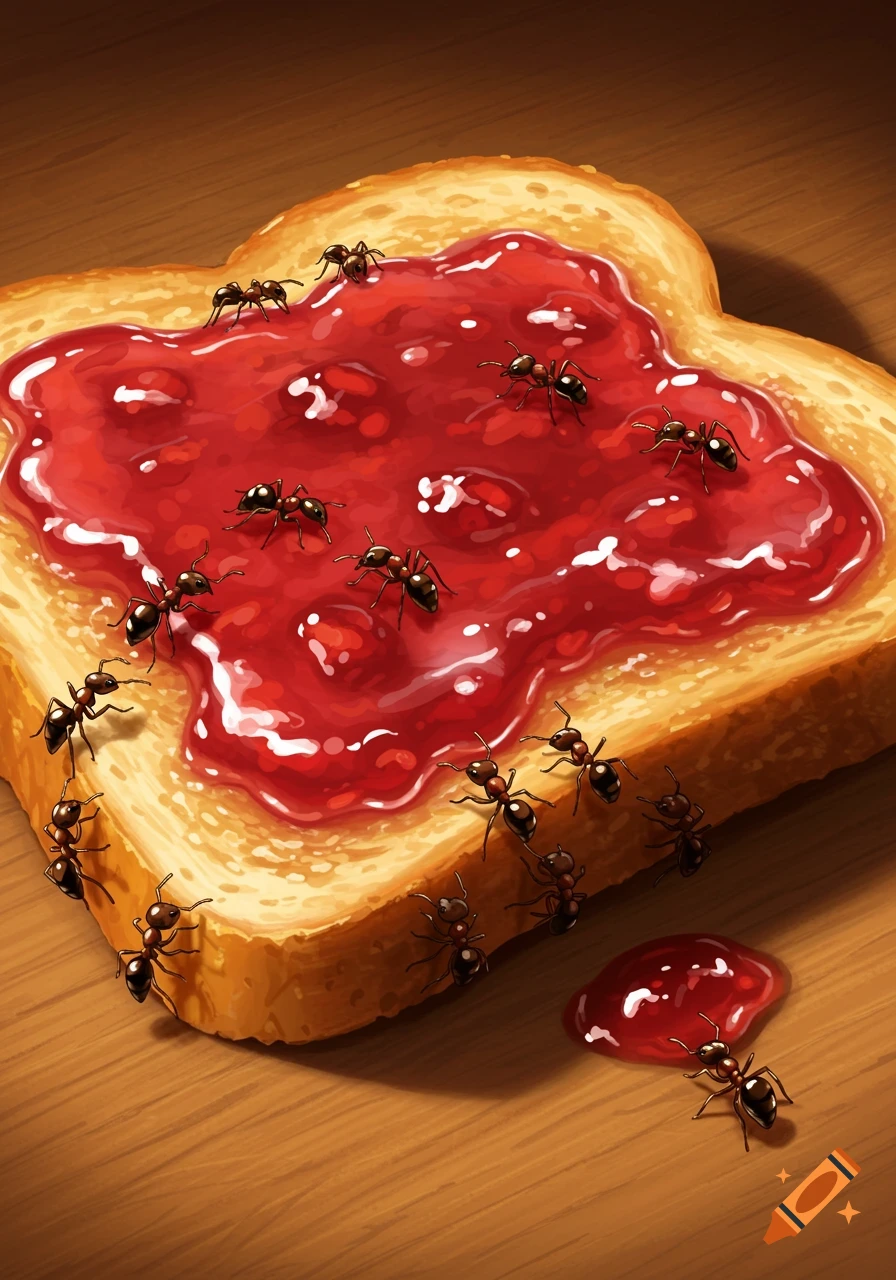 Numerous ants are crawling on a piece of toast covered in red jam, with a small blob of jam spilled next to it on a wooden surface.