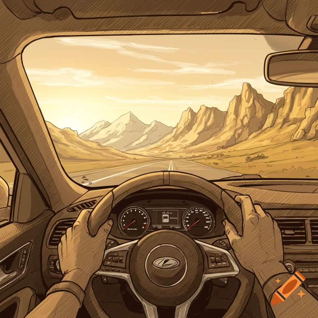 Illustrated view from inside a car of hands on the steering wheel, driving on a road through a desert and mountains at sunset.