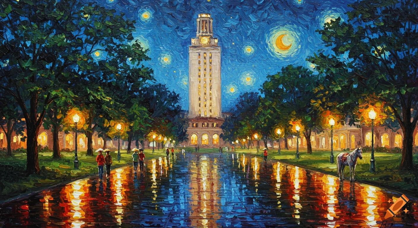 Oil painting of the UT Austin Tower at night, with a wet path, streetlights, trees, people, and a white horse under a starry, Van Gogh-like sky.