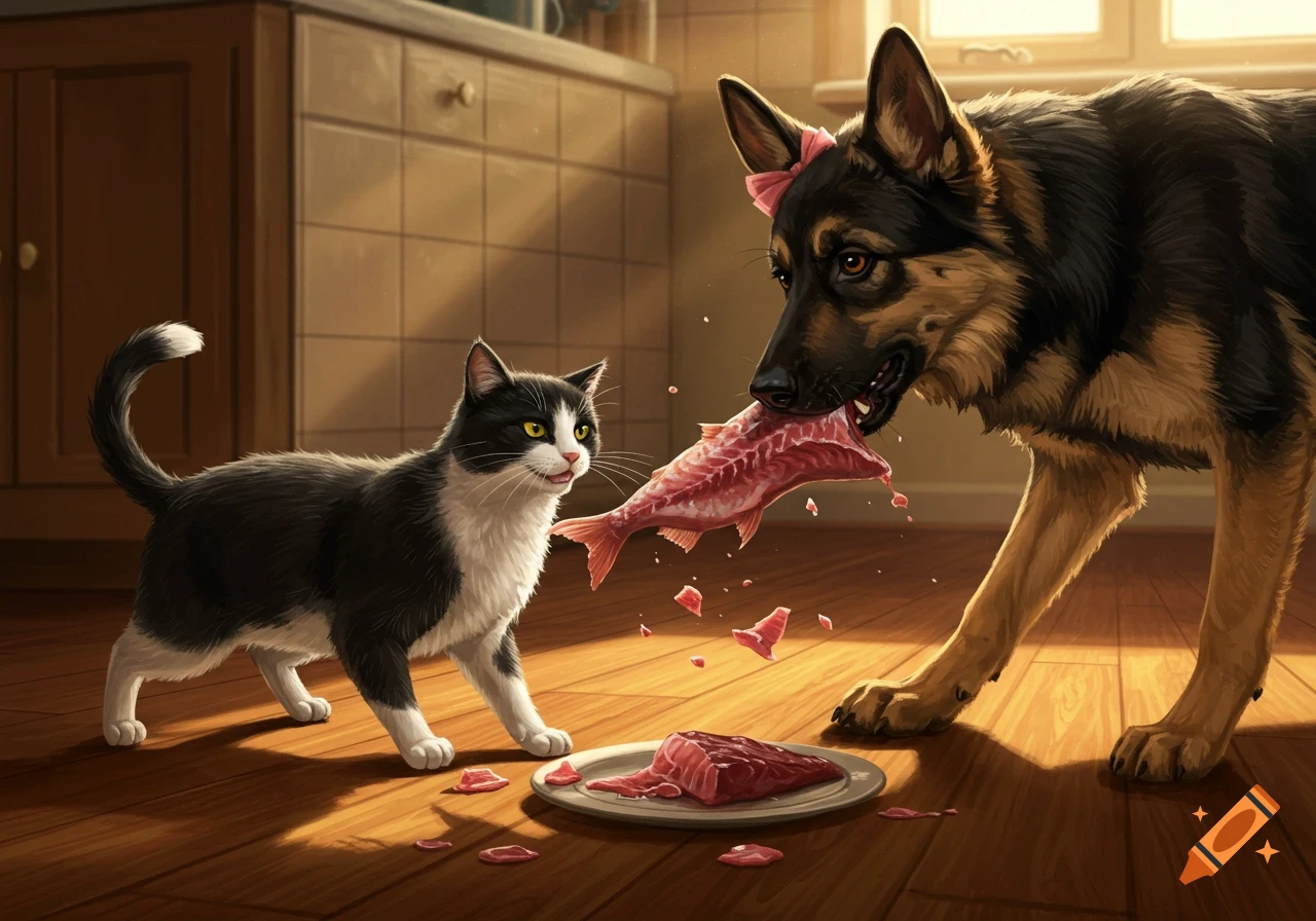 A tuxedo cat watches a German Shepherd dog with a pink bow holding a raw fish in its mouth in a sunlit kitchen.