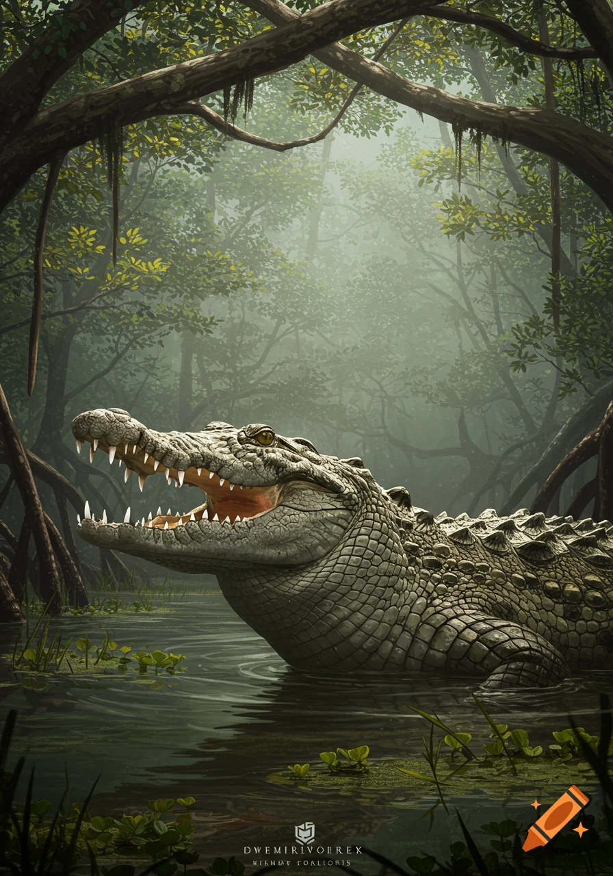 A close-up of a large crocodile with its mouth open, partially submerged in dark water in a misty, lush swamp.