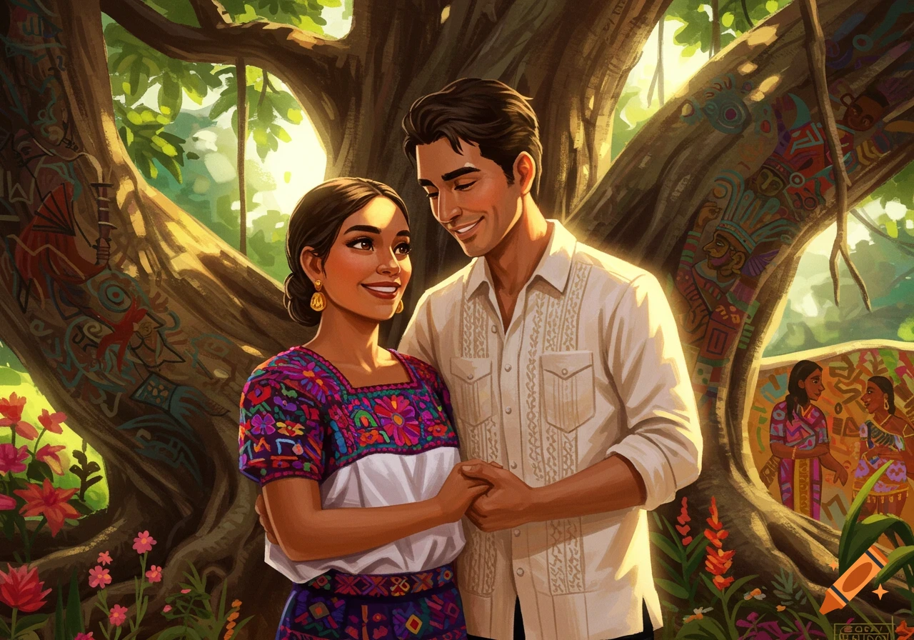 A smiling couple, a woman in a colorful embroidered shirt and a man in a white guayabera, hold hands under a large tree with colorful, intricate patterns.