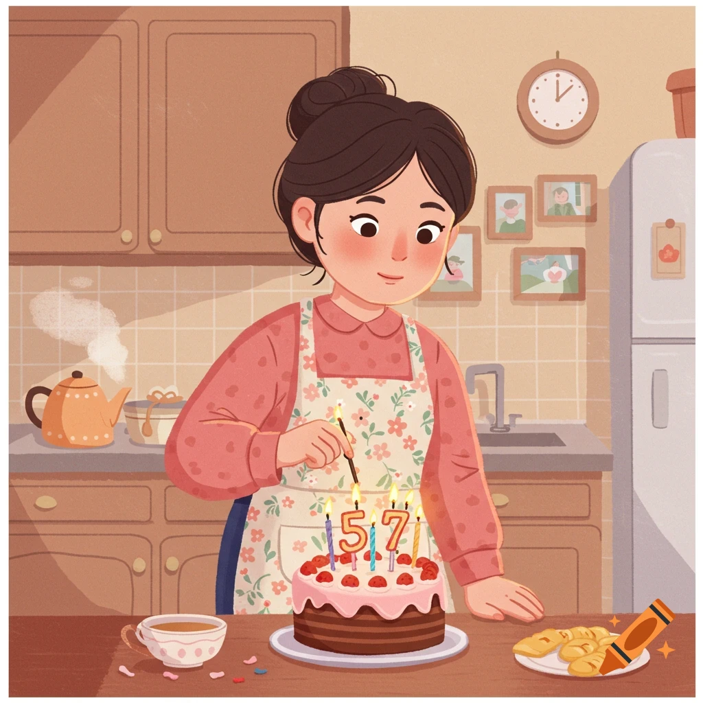 A cartoon woman in an apron lights the 57 candles on a birthday cake in a warm kitchen.