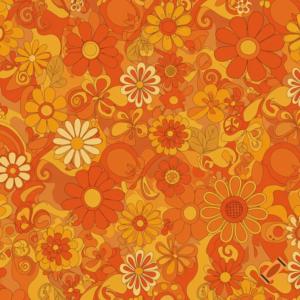 A vibrant 70s-style repeating floral pattern in shades of orange and yellow with swirling lines.