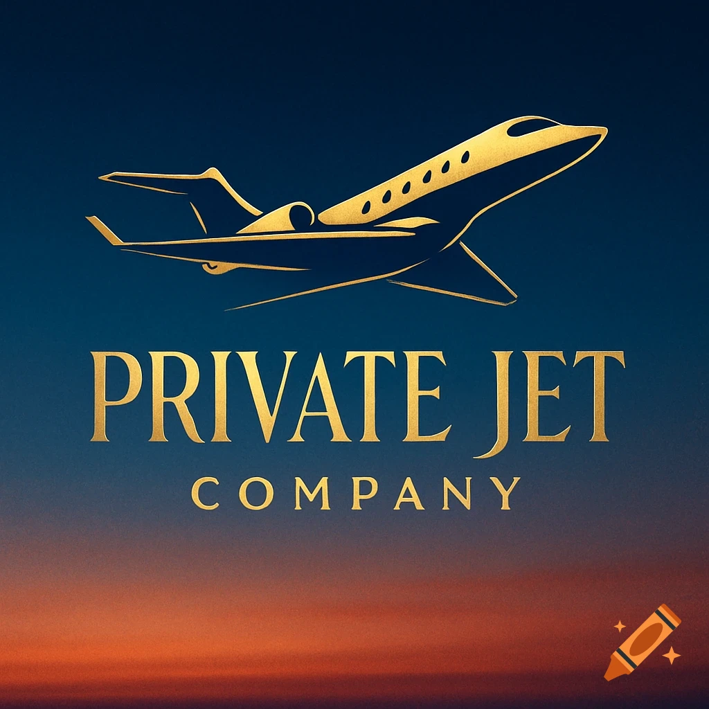 Gold logo of a private jet taking off against a dark blue and orange sky, with 'PRIVATE JET COMPANY' text.