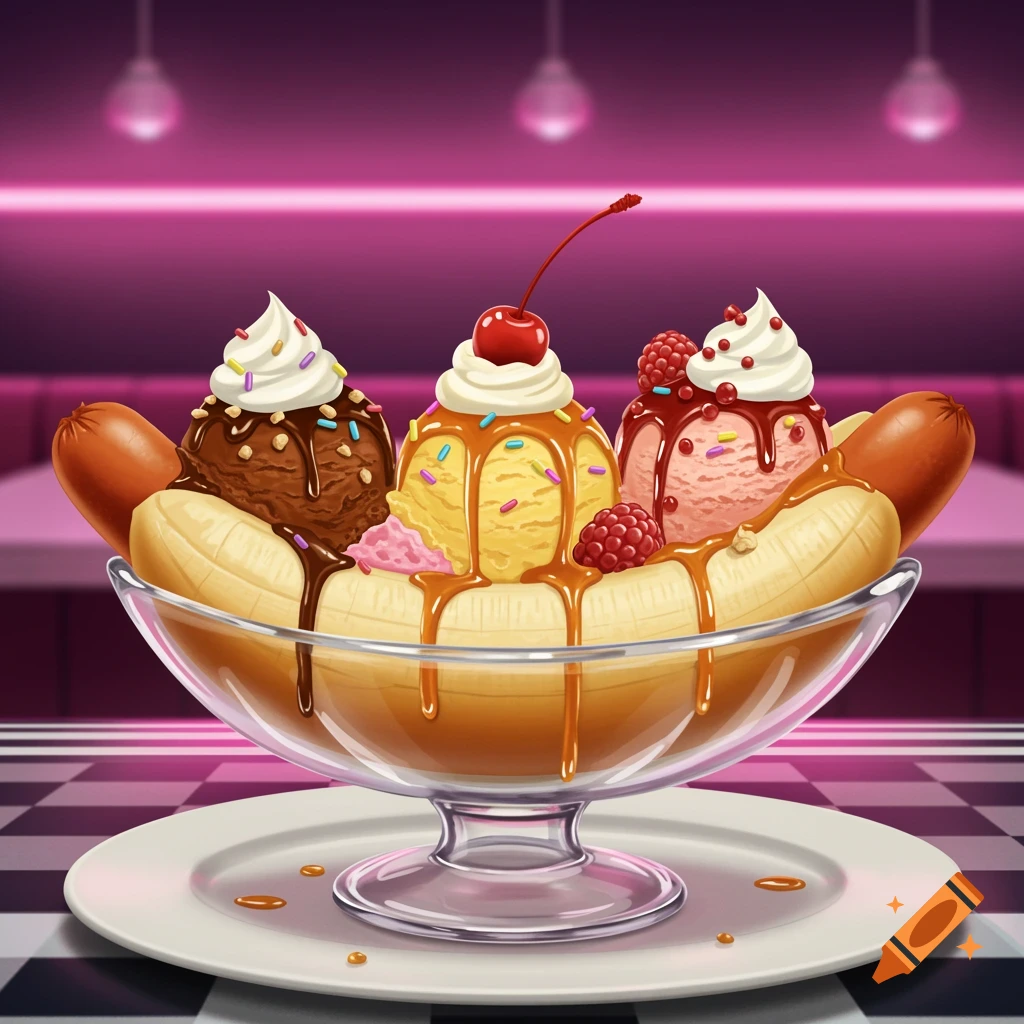 An illustration of a banana split dessert featuring three scoops of ice cream with toppings, flanked by two hotdog sausages instead of bananas, in a retro diner setting.