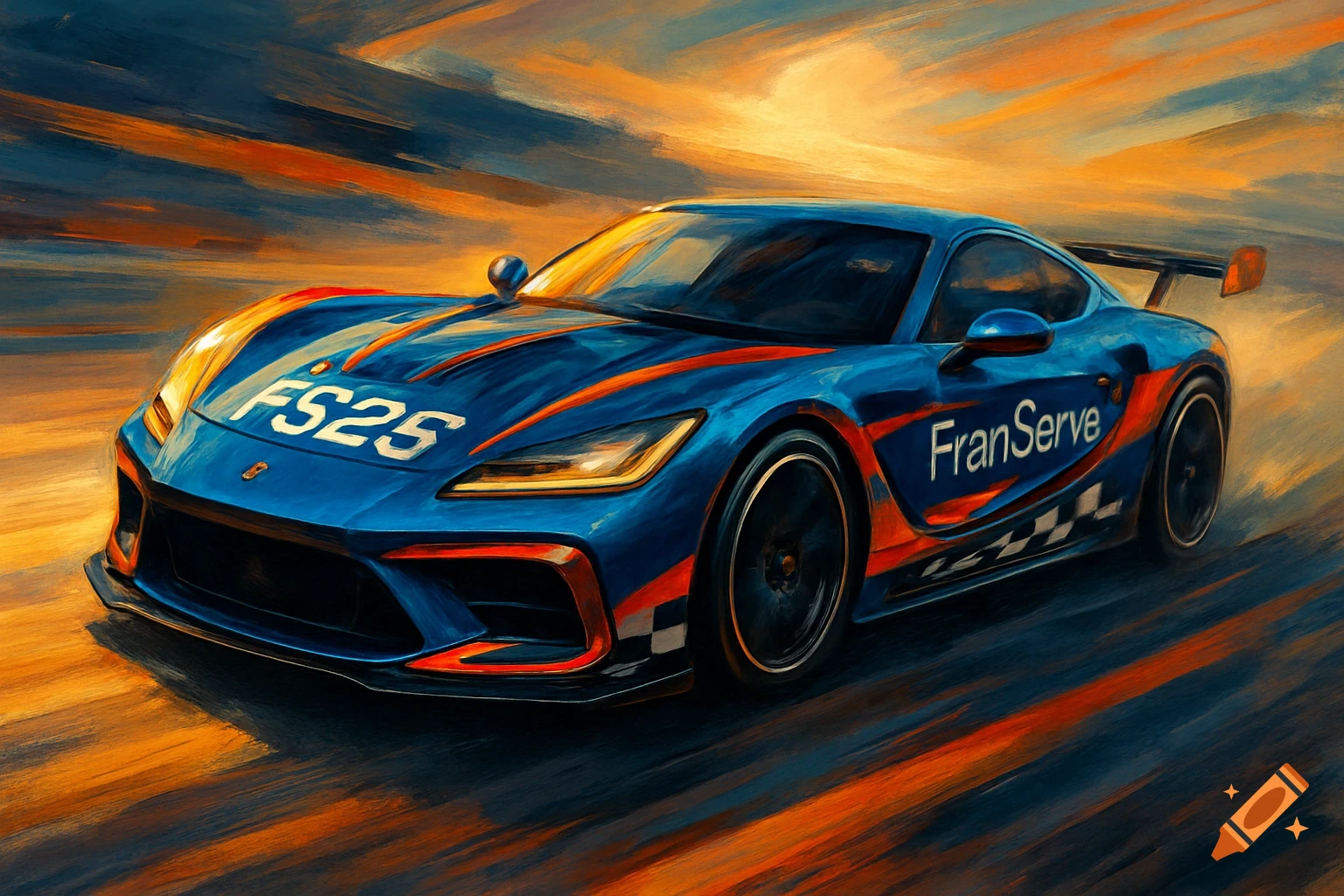A blue and orange race car with 'FS25' on the hood and 'FranServe' on the side, rendered in a dynamic, brushstroke painting style.