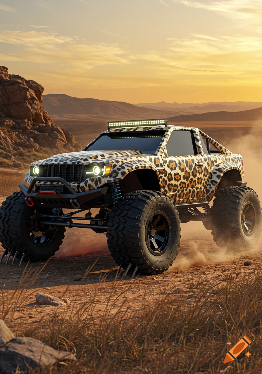 Photorealistic monster truck with leopard print in a dusty desert landscape at sunset.