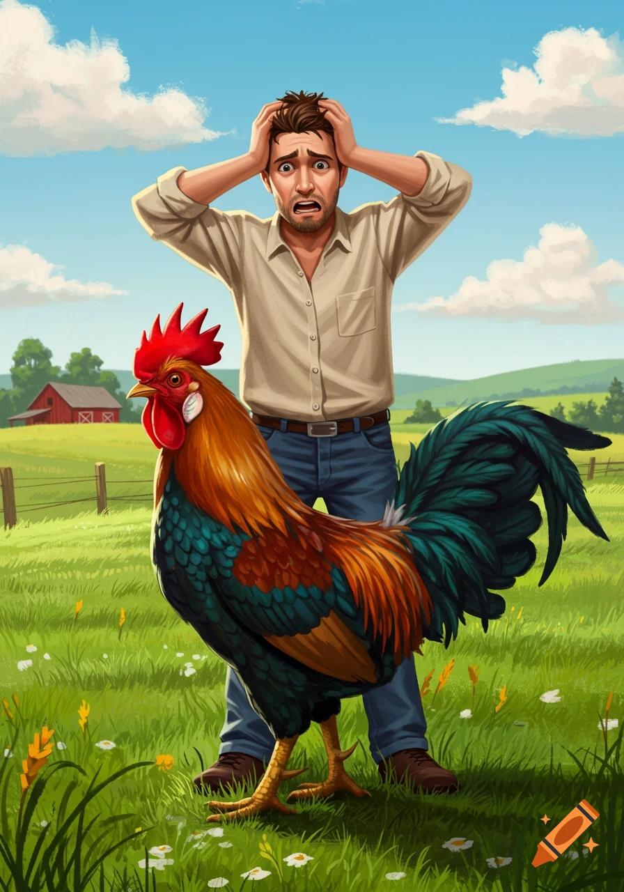 Illustrated man in distress with hands on head, standing beside a large rooster in a green farm field with a barn.