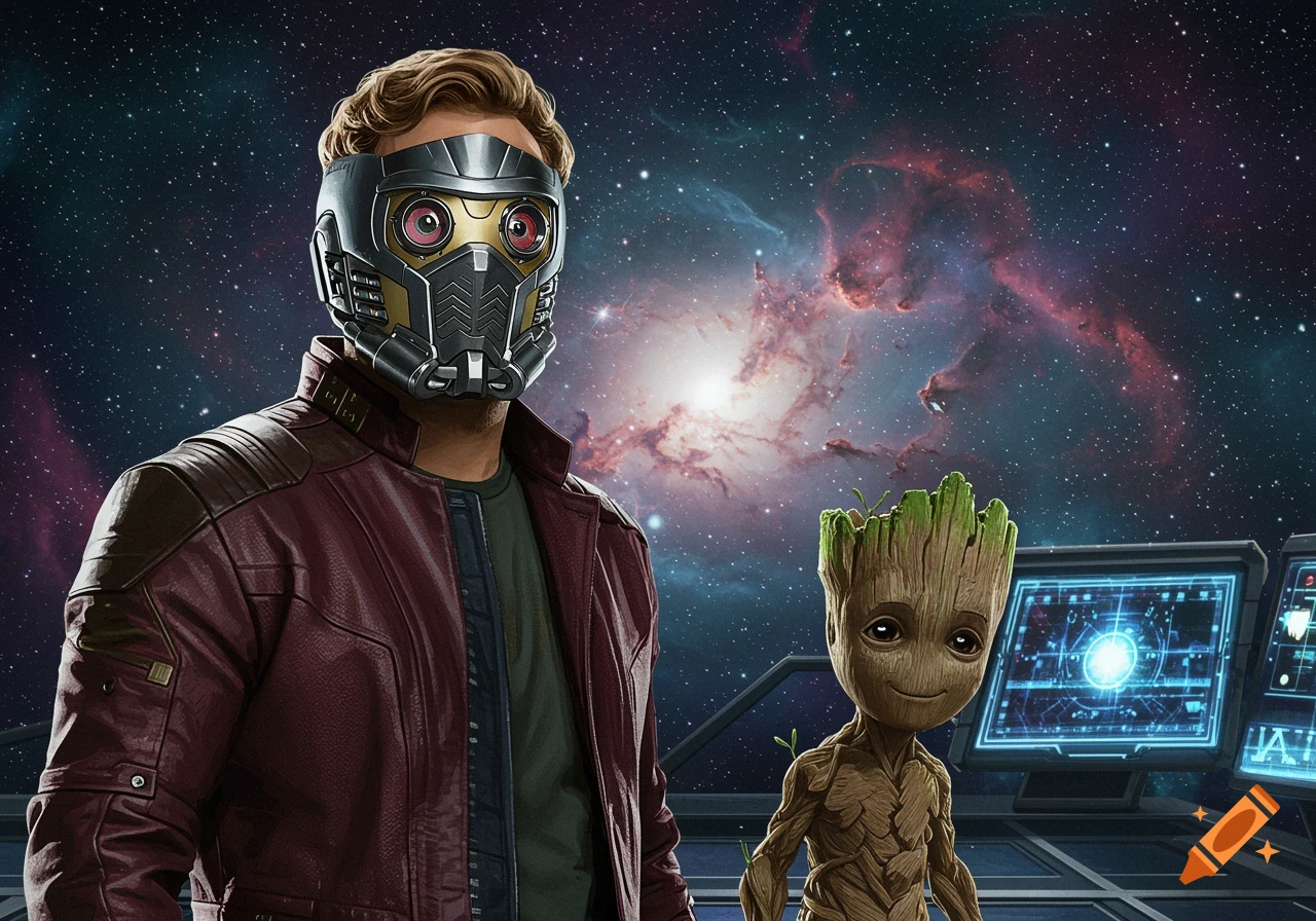 Star-Lord in his mask stands next to Groot on a spaceship bridge overlooking a nebula and stars.