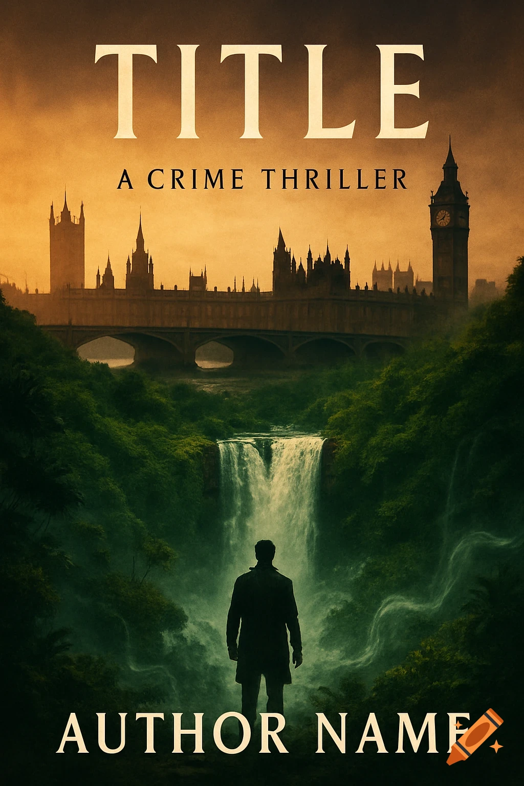 A crime thriller book cover featuring a silhouette of a person standing before a waterfall, with a London city skyline and bridge in the background under an orange sky.