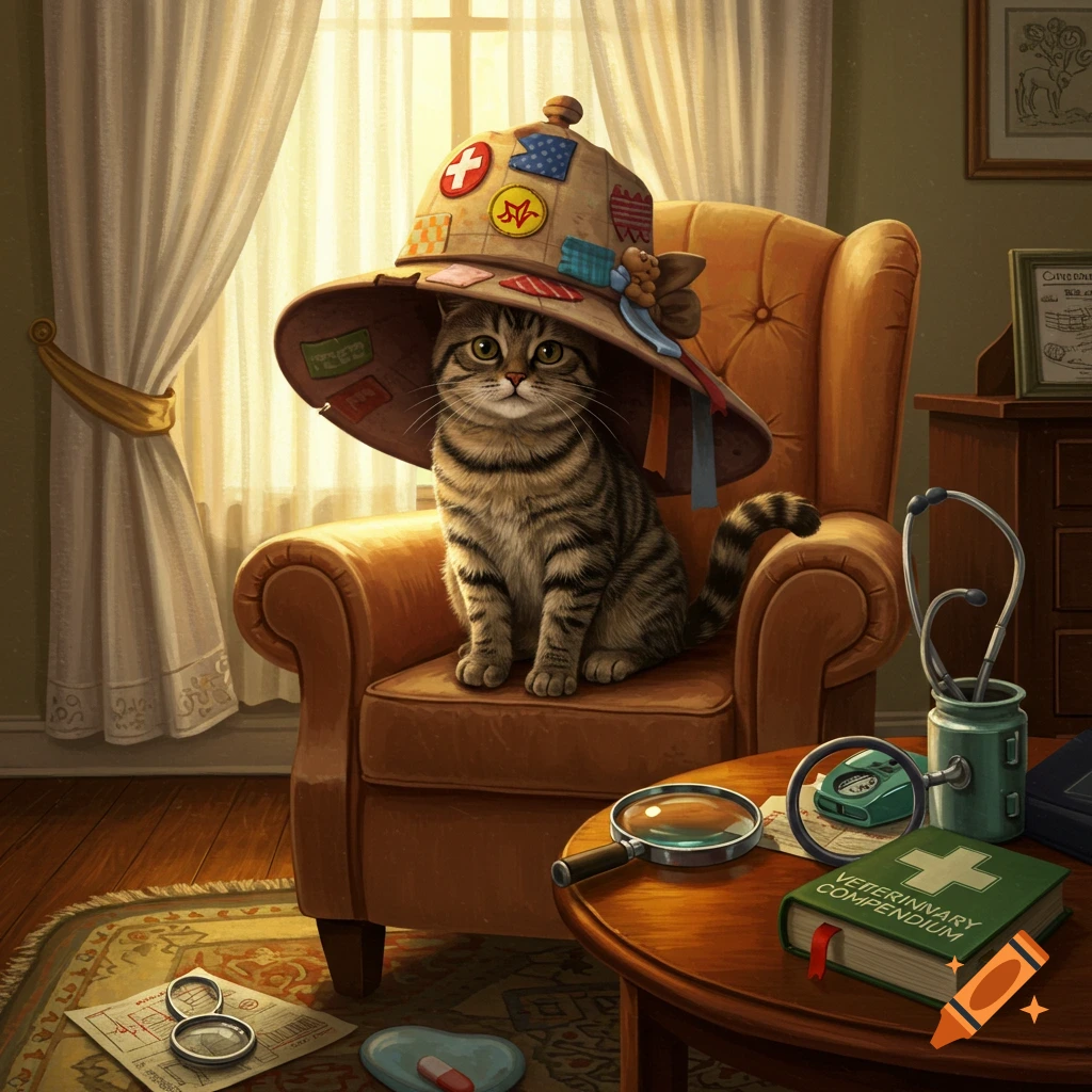 A tabby cat wearing an oversized patched hat sits in an armchair, surrounded by a stethoscope, magnifying glasses, and a 'Veterinary Compendium' book.