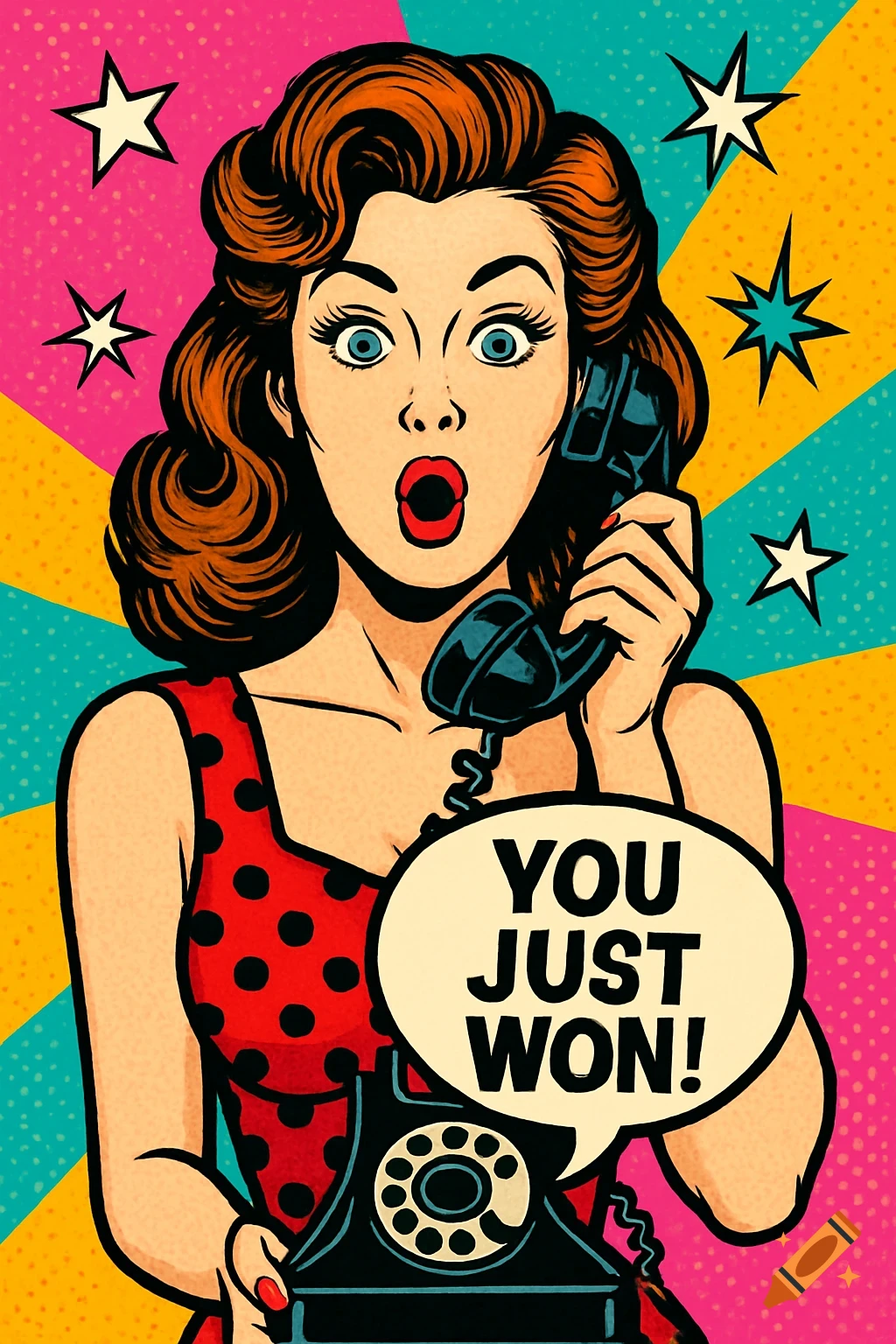 Retro pop art illustration of a surprised woman on the phone, with a speech bubble saying 'YOU JUST WON!'.