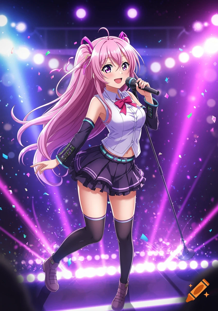 An anime girl with pink hair sings on stage, surrounded by purple lights and confetti.