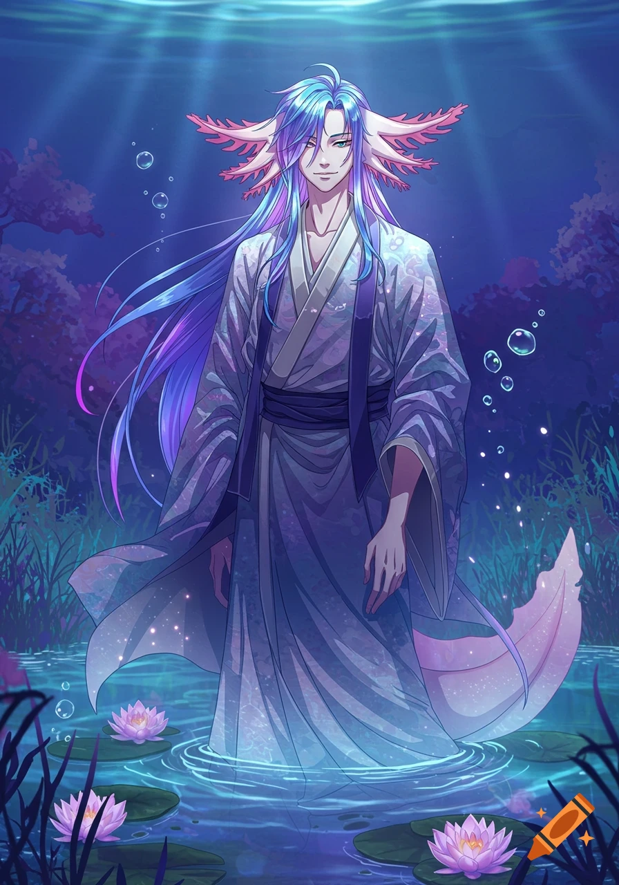 Anime style male character with blue and purple hair, axolotl gills, and a tail, standing in luminous water with lotus flowers.