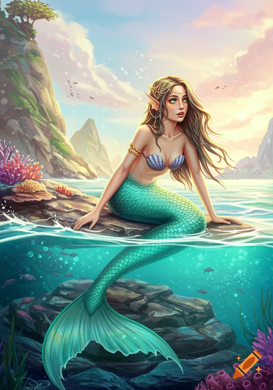 A vibrant illustration depicts a beautiful mermaid with a green tail sitting on an ocean rock, with coral and cliffs at sunset.