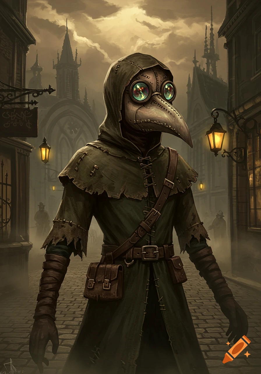 A plague doctor in a dark, ominous city street at dusk, wearing a long hooded robe, a bird-beak mask with green goggles, and leather straps.