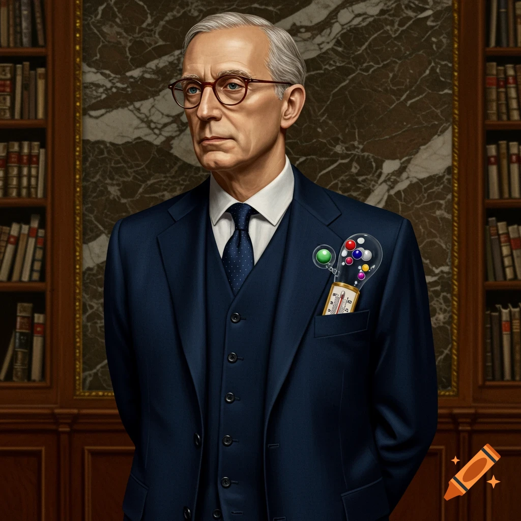 Photorealistic portrait of an older man in a suit and glasses, with a Galileo thermometer in his pocket, standing in a library.