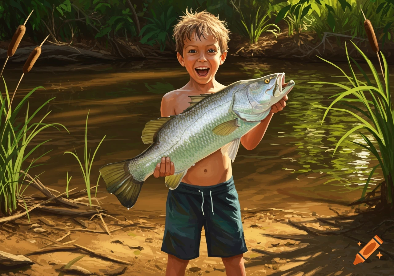 A smiling young boy proudly holds up a large fish by a riverbank in a painted style.