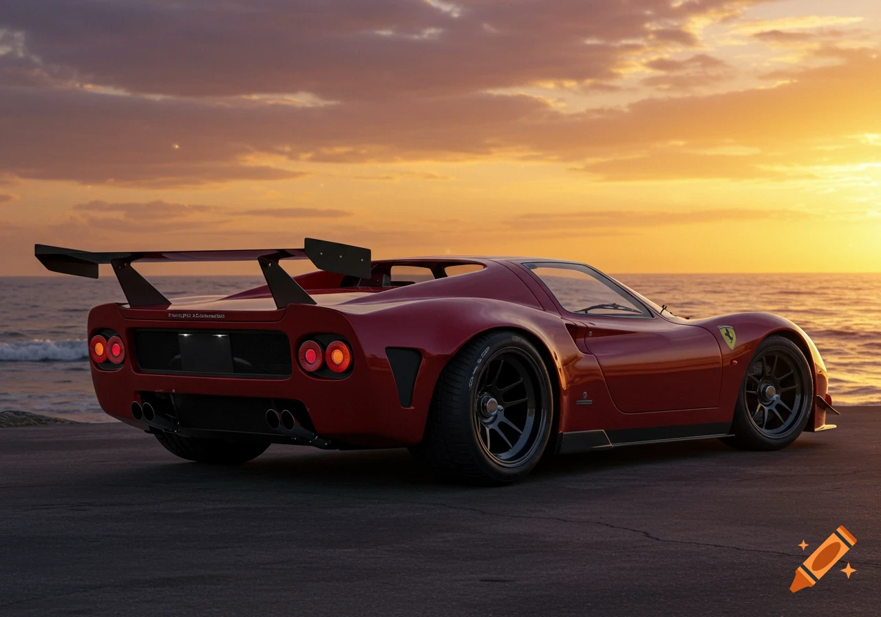 A red Ferrari sports car with a large rear wing parked on pavement overlooking the ocean at sunset.
