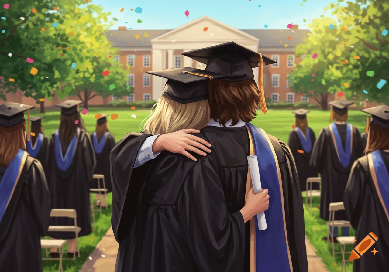 Two people in graduation caps and gowns hug from behind at an outdoor ceremony with confetti falling over a college campus.