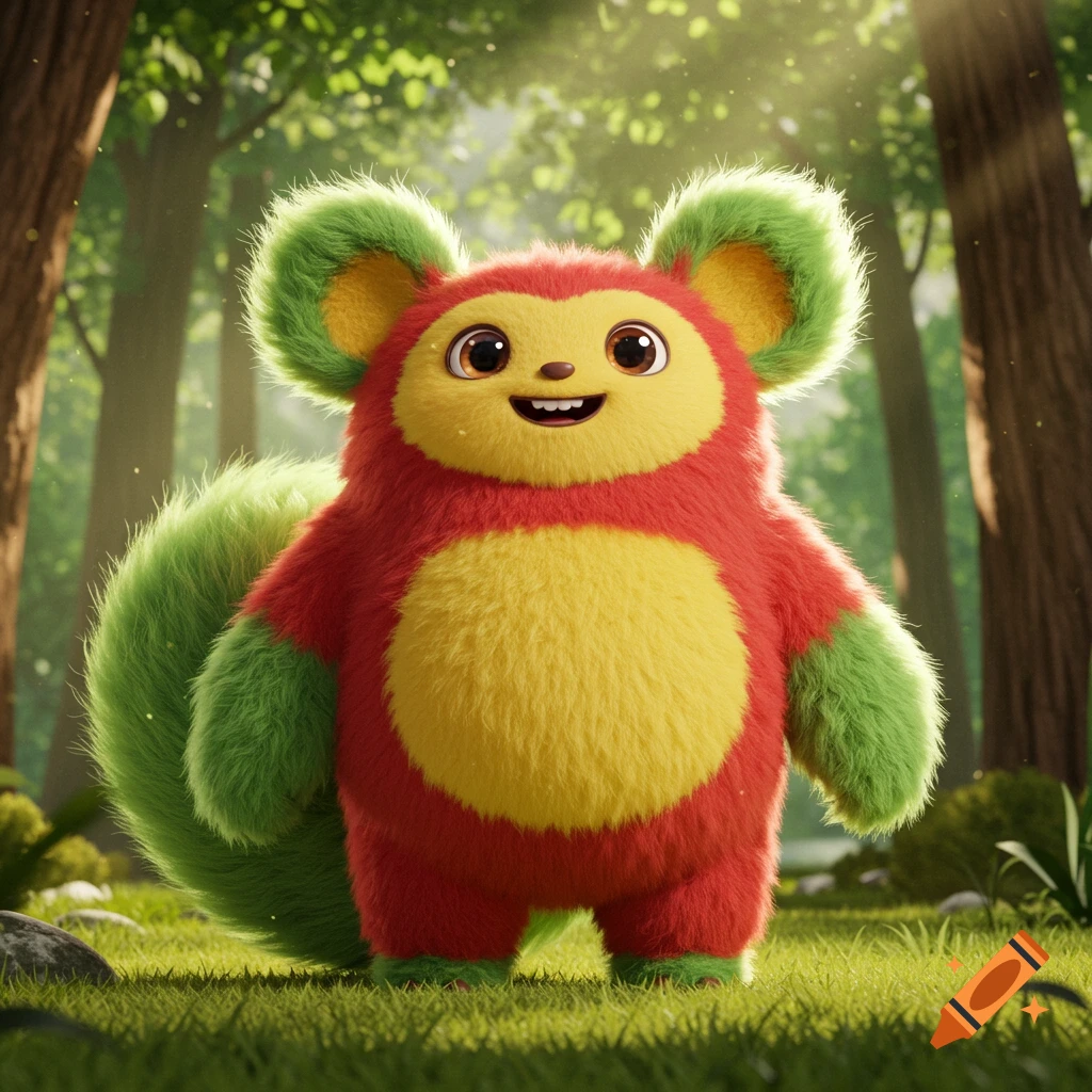 A fluffy, red and yellow creature with green ears, feet, and a tail stands in a sunlit forest. It has a big smile and round brown eyes.
