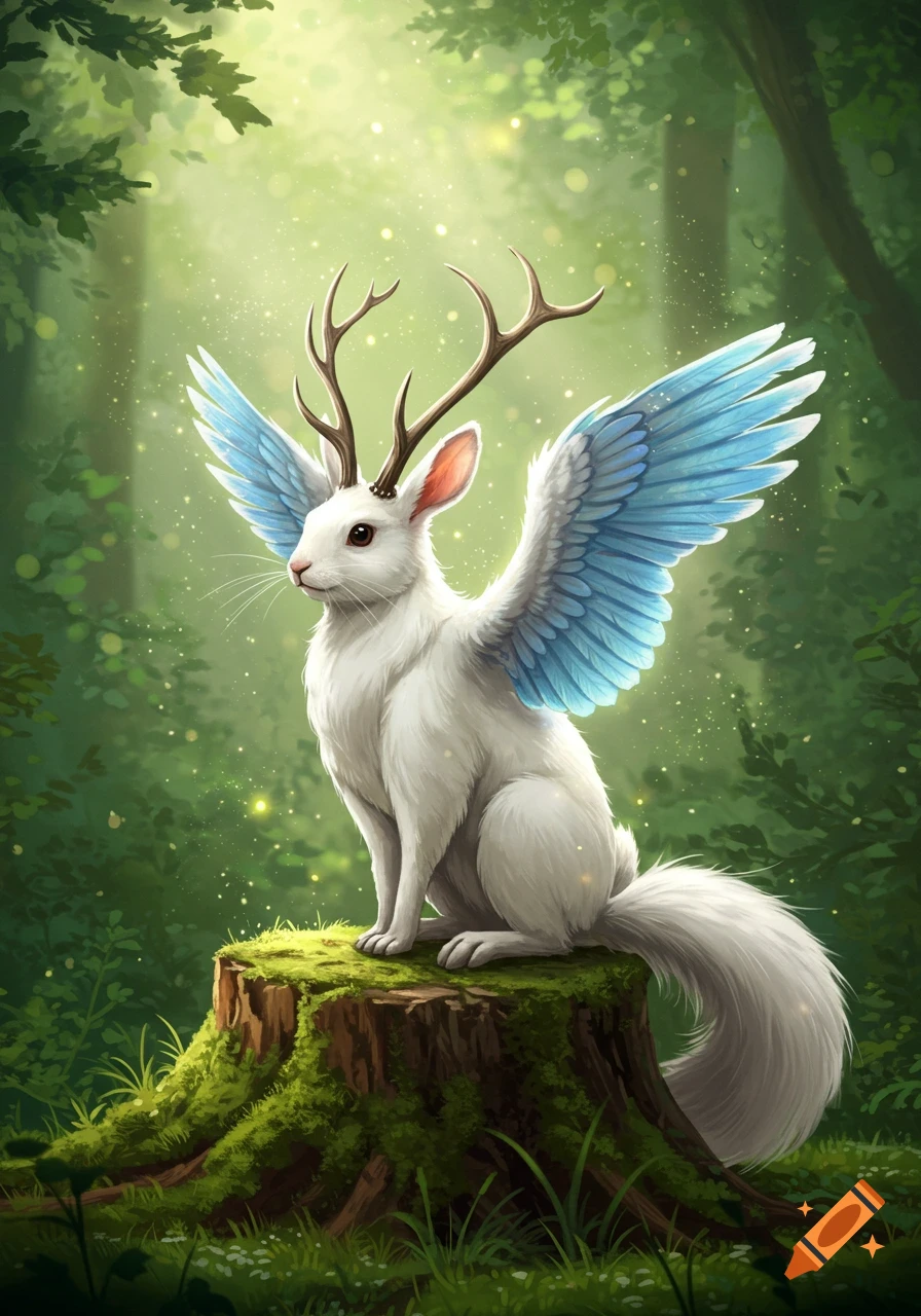 A white Wolpertinger, a mythical rabbit-like creature with deer antlers and blue wings, sits on a mossy tree stump in a lush green forest with dappled sunlight.