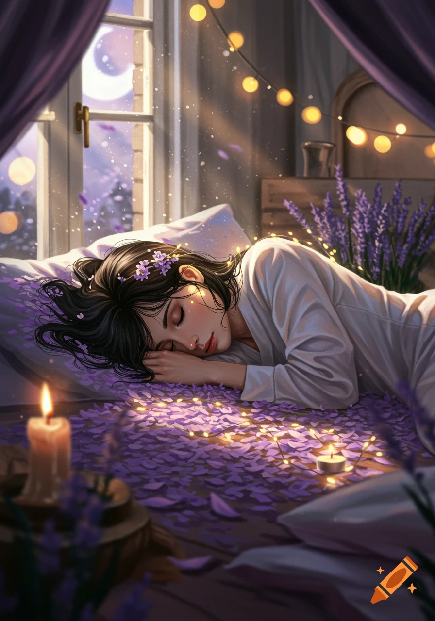 Artistic depiction of a woman sleeping peacefully on a bed covered in purple lavender petals and string lights.