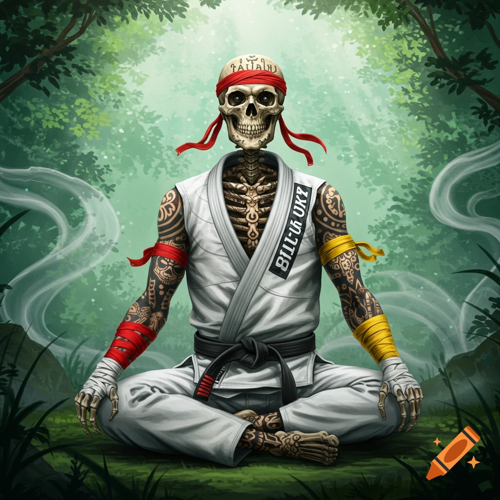 A tattooed skeleton wearing a white BJJ gi and red and yellow Muay Thai bands sits cross-legged in a peaceful pose in a green forest.