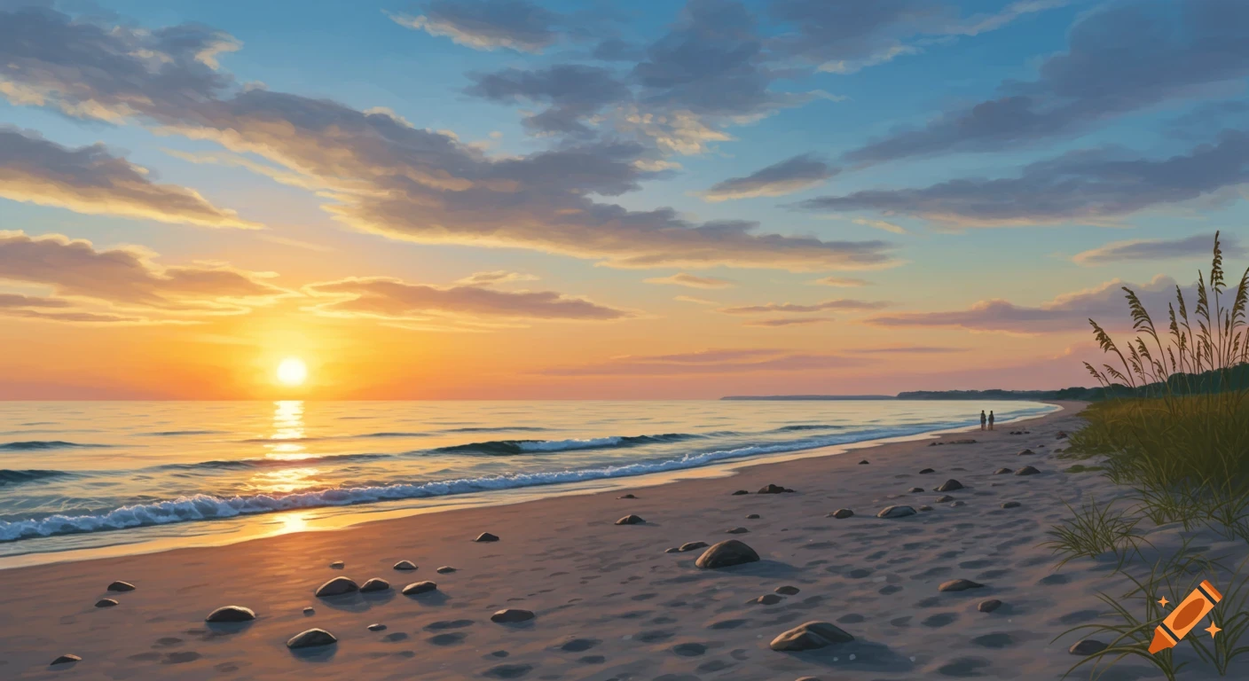 A painterly depiction of a vibrant orange sunset over a sandy beach with gentle waves, scattered rocks, and distant figures by the ocean.