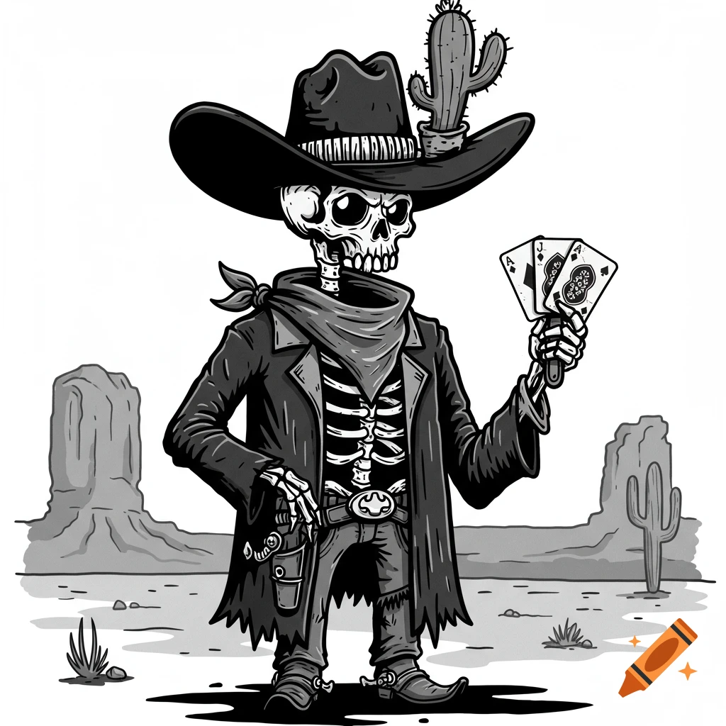 Black and white cartoon illustration of a skeleton cowboy with a cactus on his hat, holding playing cards in a desert.