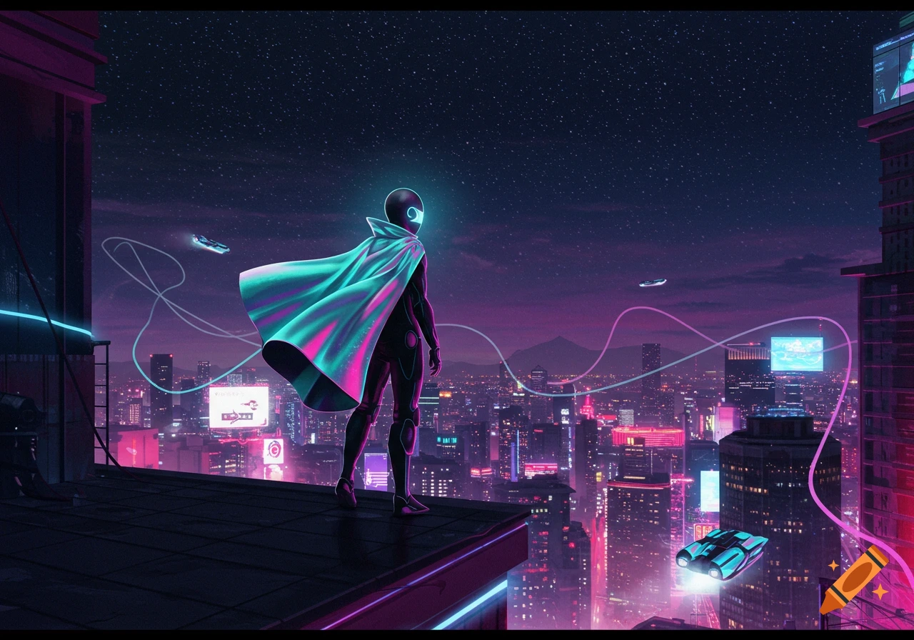 A futuristic figure in a glowing suit and cape stands on a skyscraper rooftop, overlooking a vibrant neon-lit cyberpunk cityscape at night.