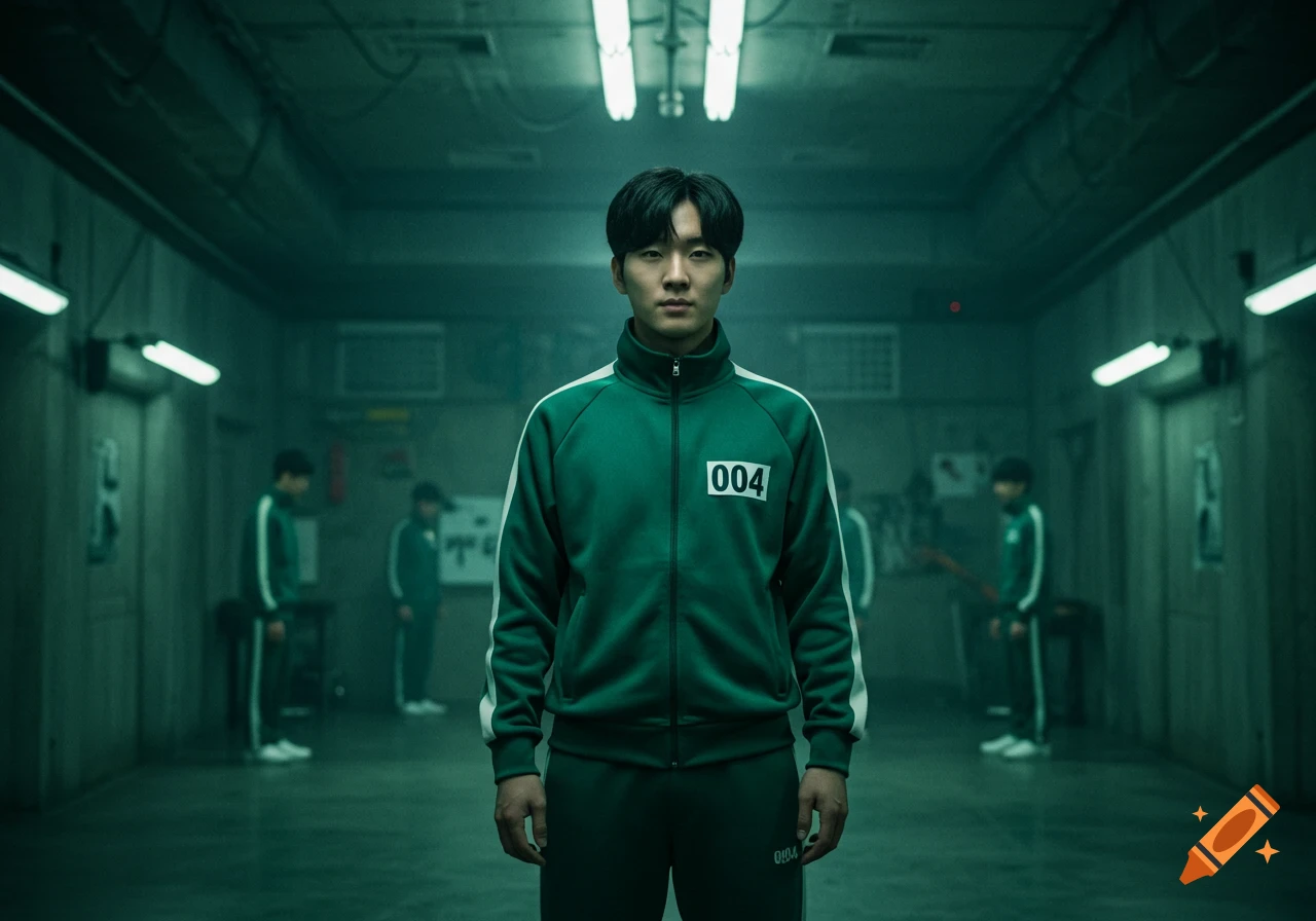 A man in a green tracksuit with "004" on his chest stands in a dim, industrial room, looking directly forward.