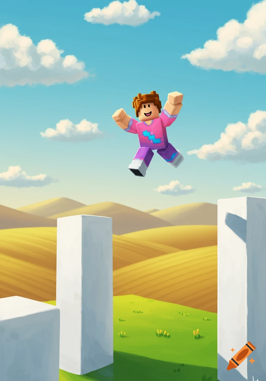 A cartoon Roblox character in a pink and purple outfit jumps between white pillars over a green field with rolling yellow hills under a blue sky.