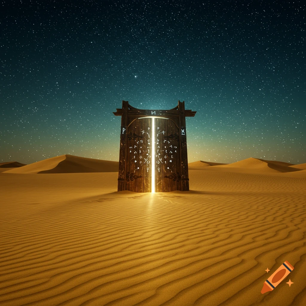 A magical wooden door glowing brightly in the middle of a vast desert under a starry night sky.
