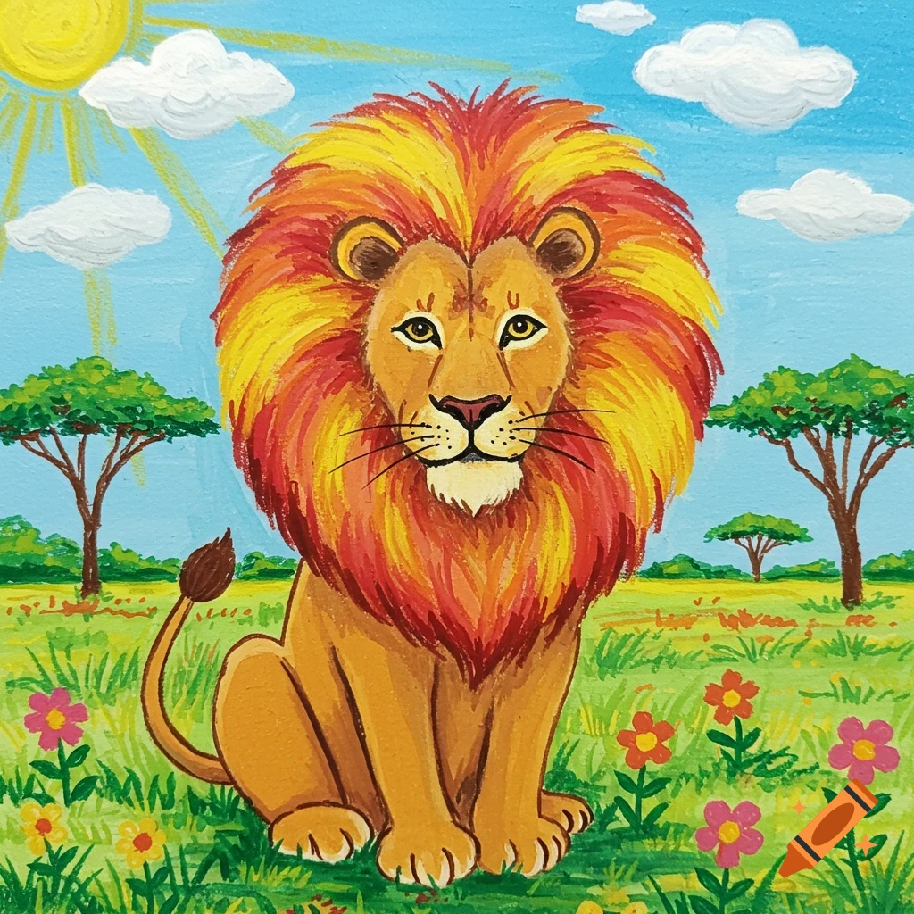 A colorful, cartoon-style lion with a bright red and yellow mane sits in a green field with trees and flowers under a sunny blue sky.