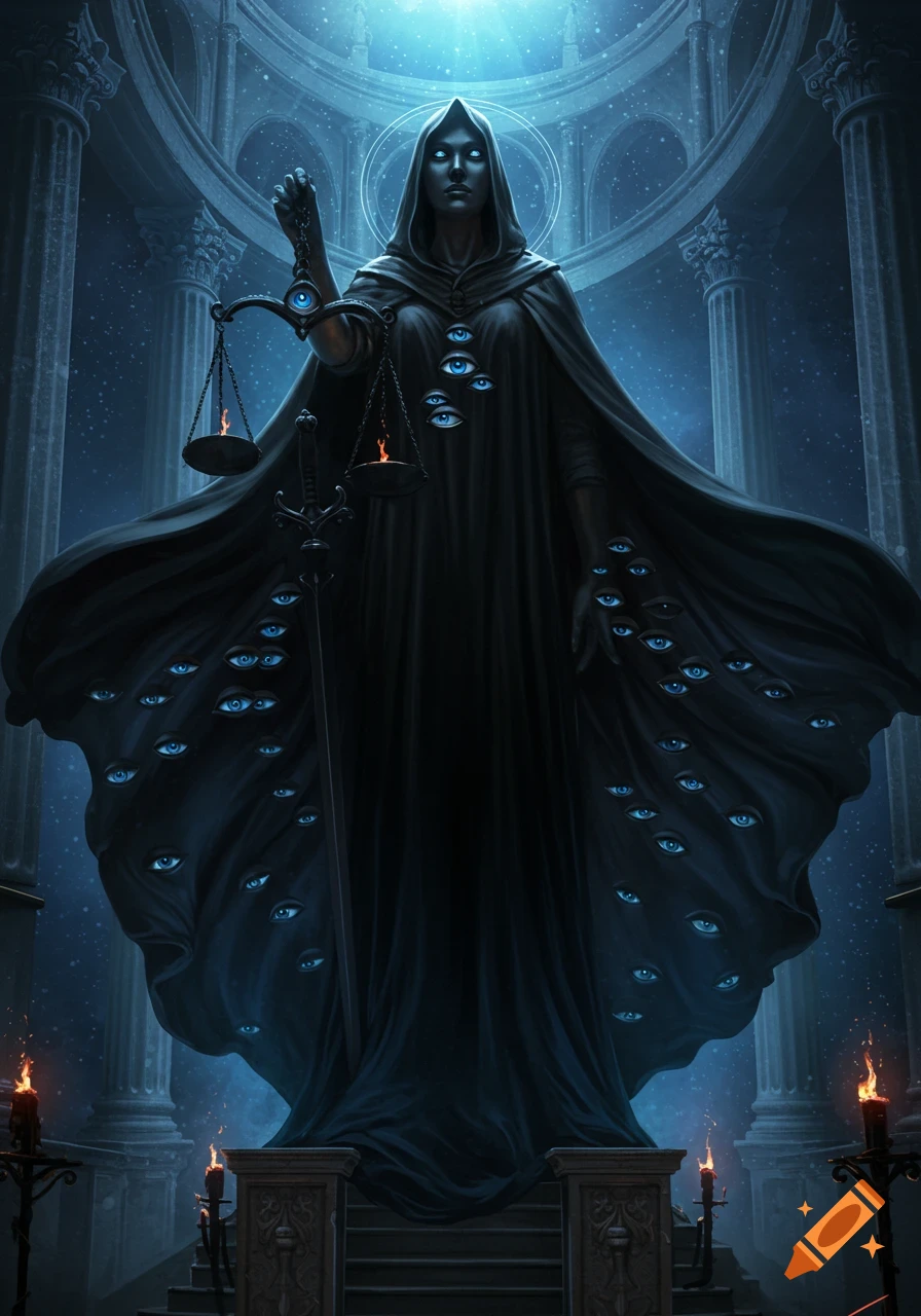 A dark, hooded figure reminiscent of Lady Justice, covered in glowing blue eyes, stands holding scales and a sword in a grand, moonlit hall.