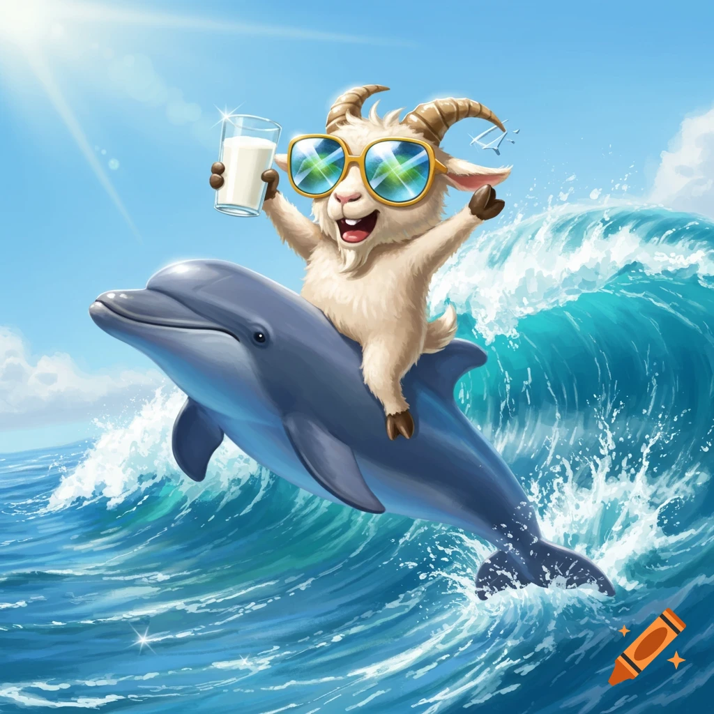 A happy cartoon goat in sunglasses rides a dolphin through blue ocean waves, holding a glass of milk.