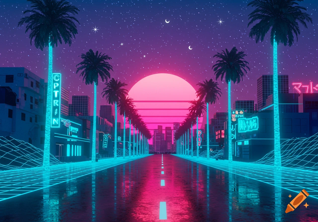 A neon-lit vaporwave cityscape at dusk, with palm trees lining a reflective road leading towards a large pink sunset.