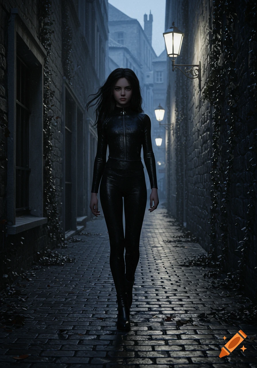 A woman in a black catsuit walks down a dark, wet cobblestone alley lit by street lamps.