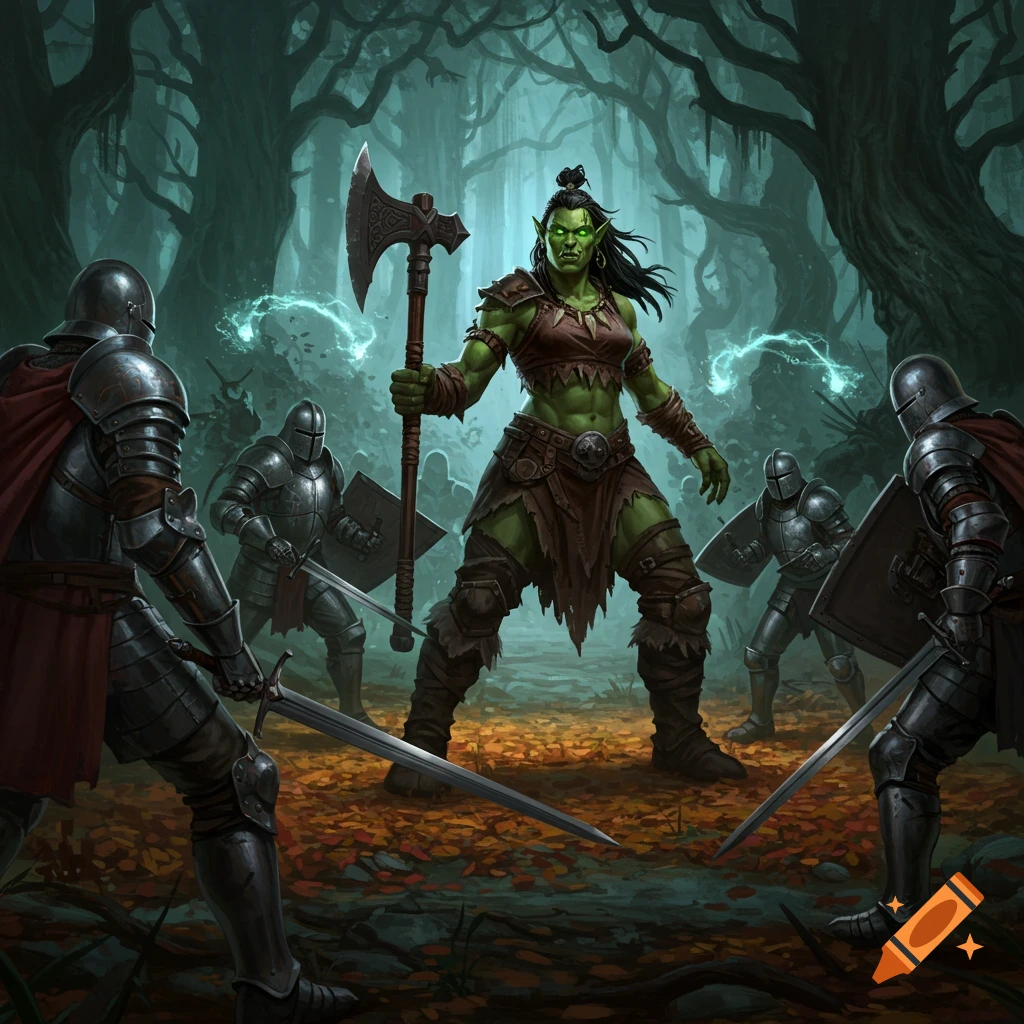 A powerful green-skinned orc woman with an axe confronts four armored knights in a dark forest, surrounded by glowing magical energy.