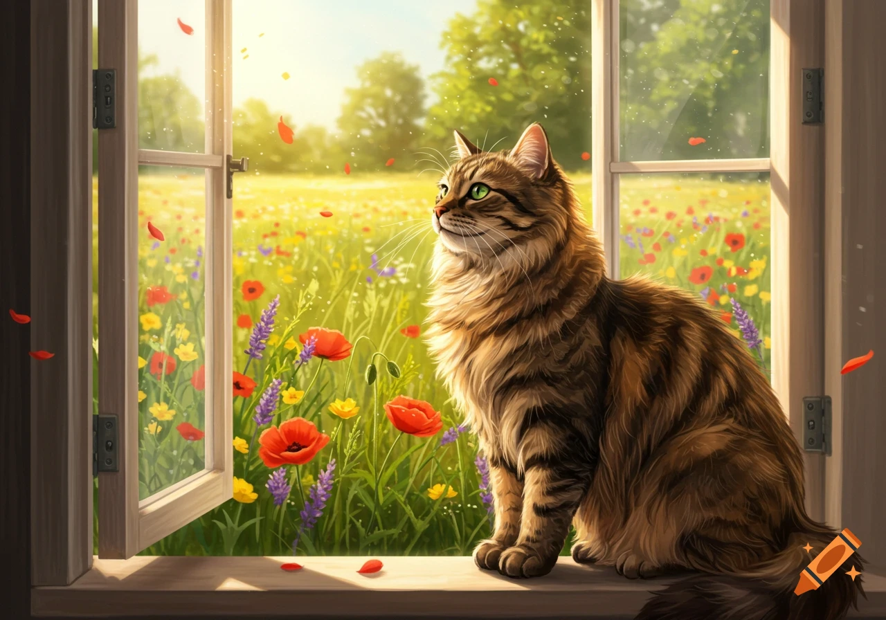 A fluffy tabby cat with green eyes sits on a windowsill, looking out at a vibrant sunlit field of colorful wildflowers and falling red petals.