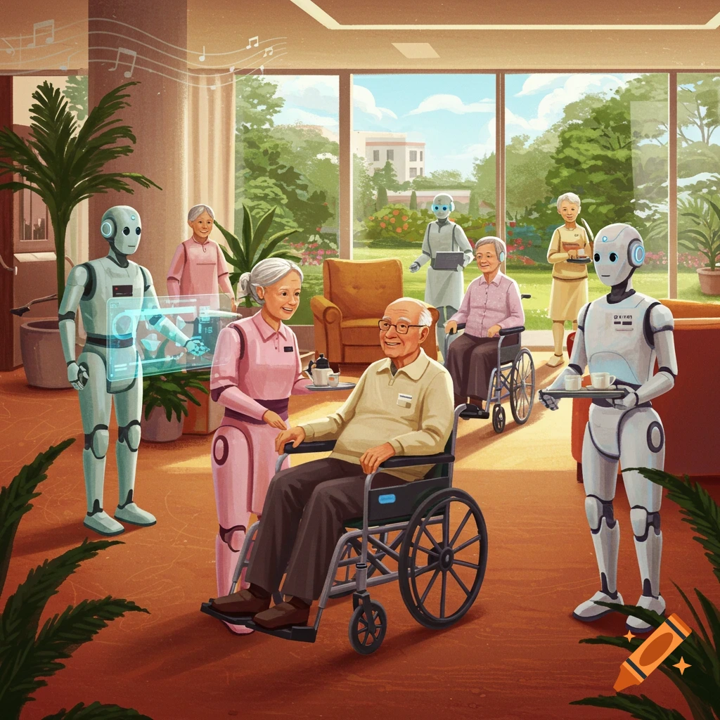 Colorful illustration of robots helping elderly residents in a bright assisted living facility with garden views.