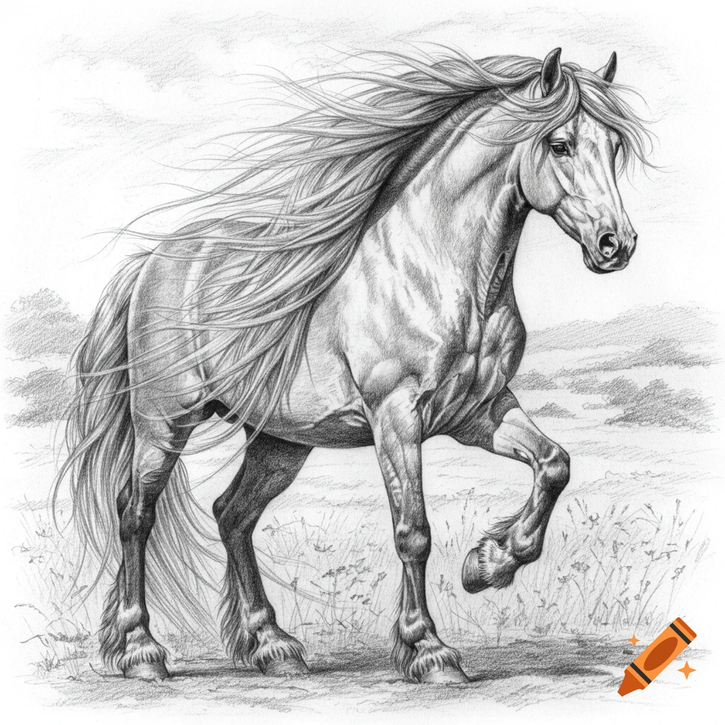 A detailed pencil drawing of a horse with a long, flowing mane, standing in a field.