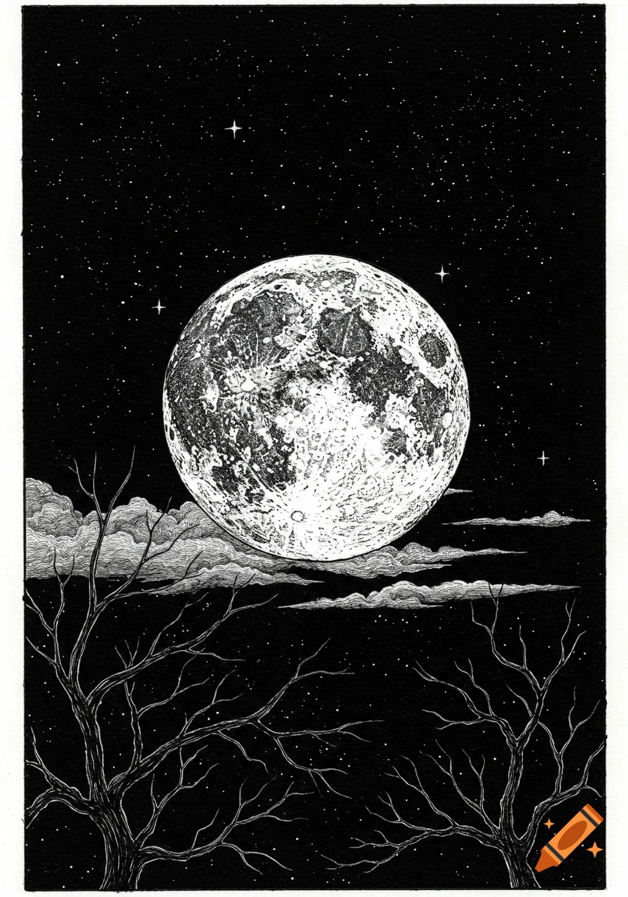 Black and white gothic illustration of a large full moon in a starry night sky, with bare, gnarled trees and clouds.