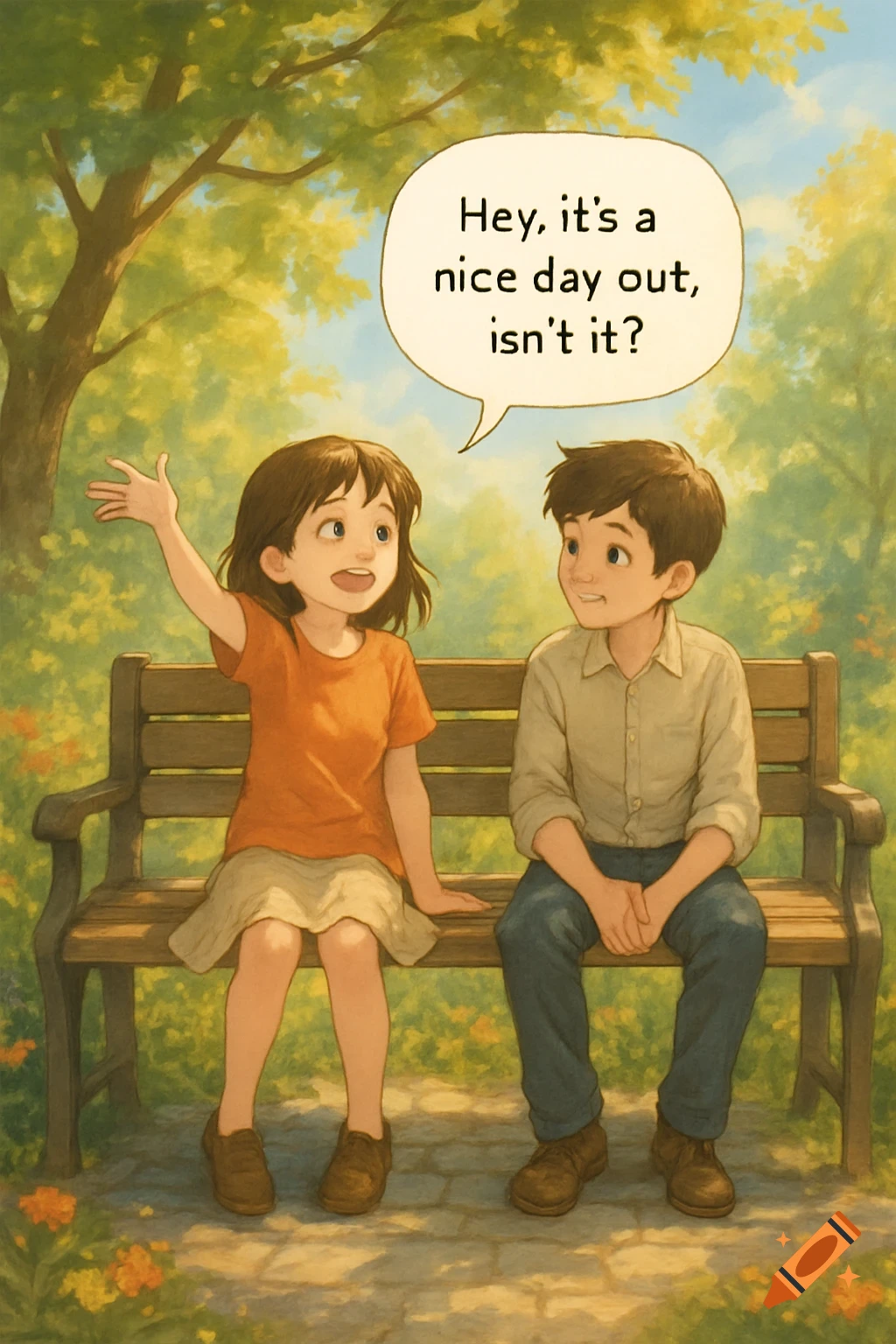 An illustration of a girl and a boy sitting on a park bench under trees. The girl waves and says, "Hey, it's a nice day out, isn't it?"