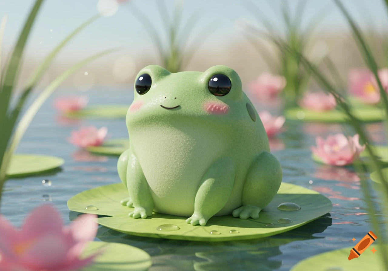 A cute, chubby green frog with big black eyes and pink cheeks sits on a lily pad in a pond surrounded by pink lotus flowers.