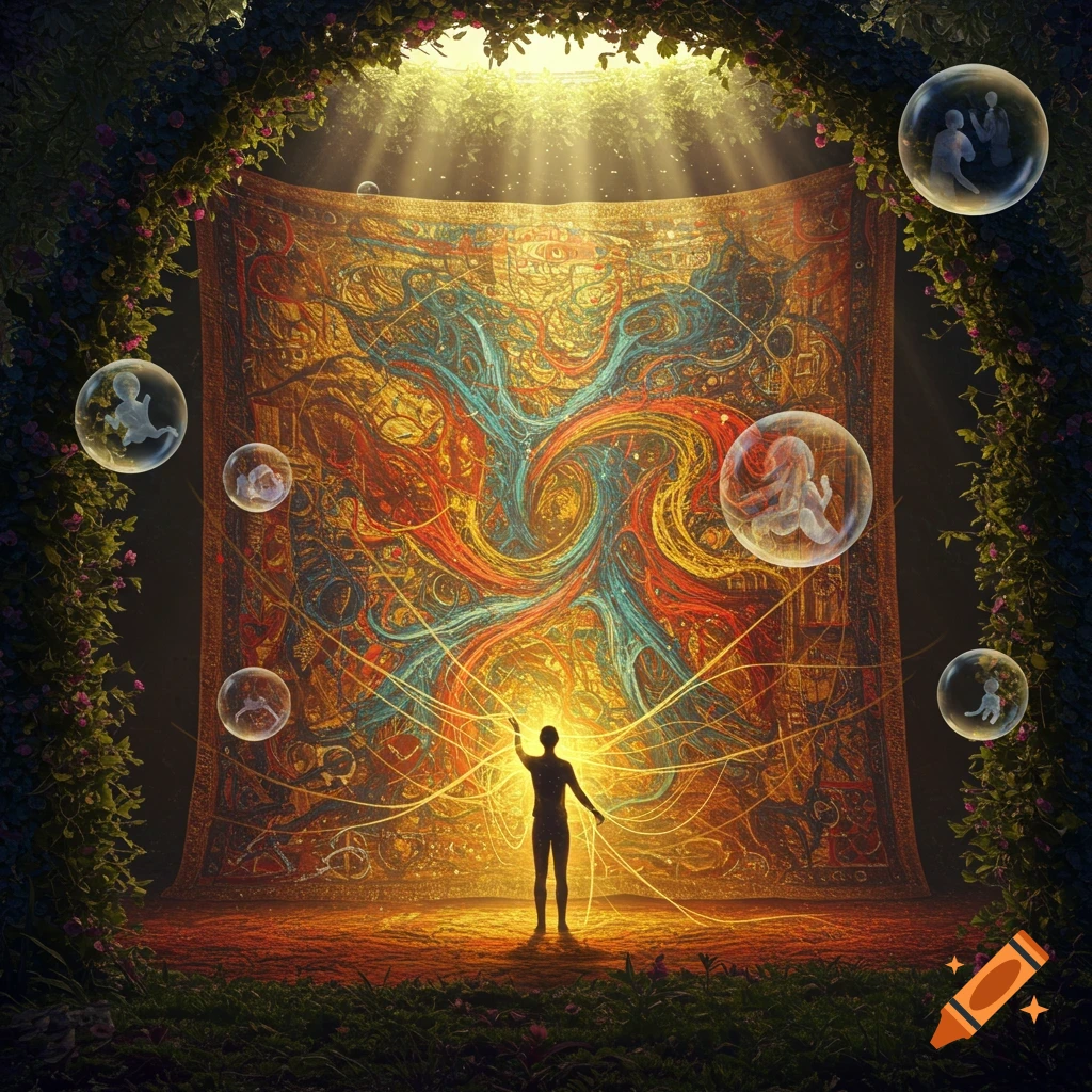 A glowing silhouette stands before a vibrant, patterned tapestry, with ethereal bubbles containing figures floating in a mystical forest.