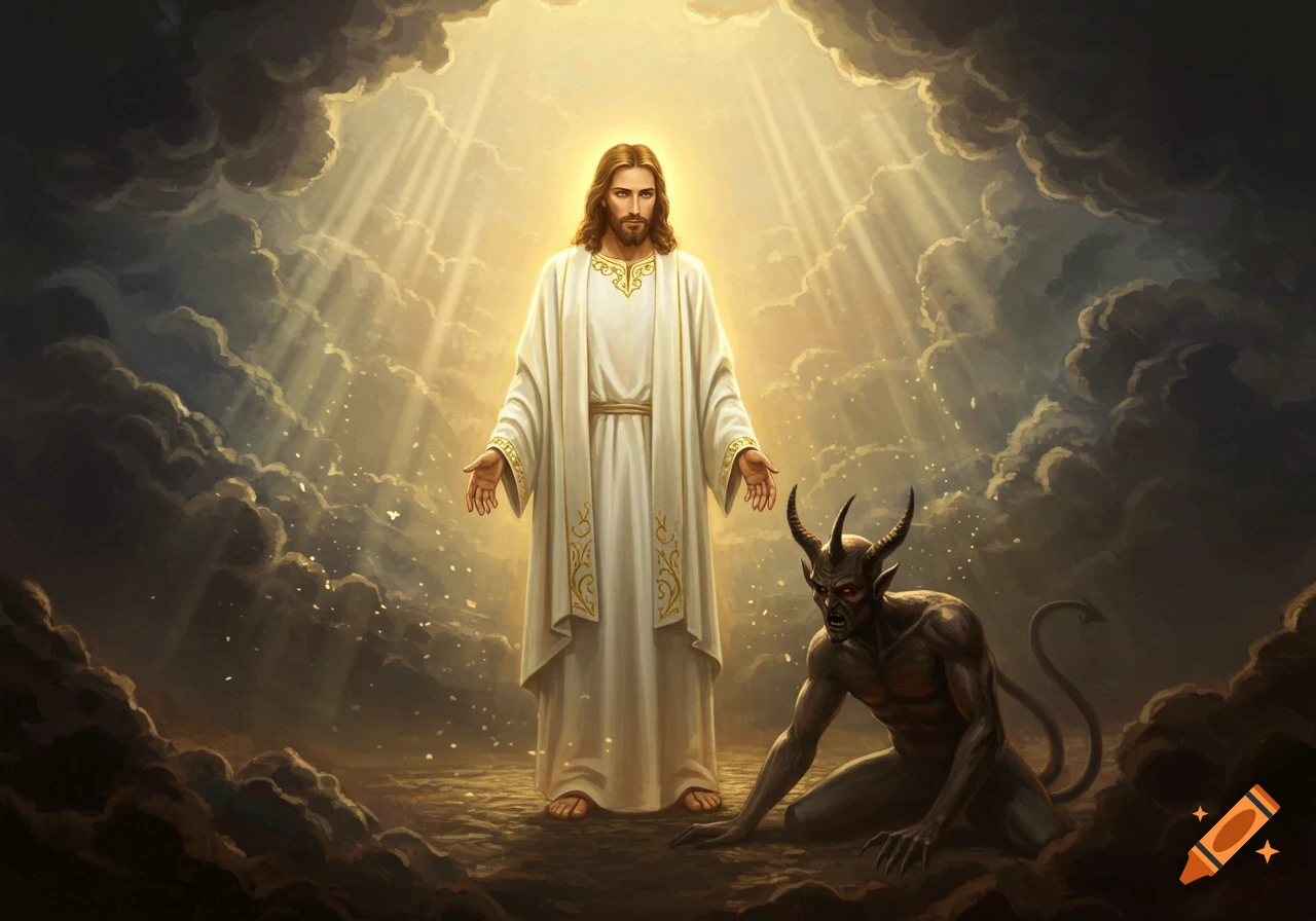 Jesus stands in divine light, arms open, as a horned devil figure kneels in a dark, cloudy landscape in this digital painting.